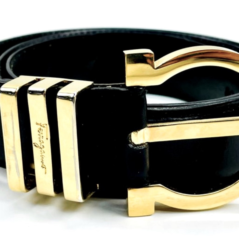 Authentic SALVATORE FERRAGAMO 23 3553 Black Wide Gancini Belt